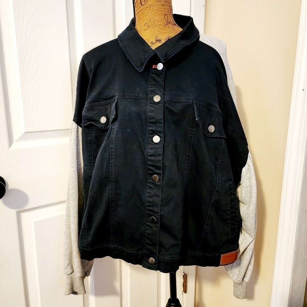 Peace Love World Denim French Terry Jacket Navy Grey Women's 2X Plus Size EUC